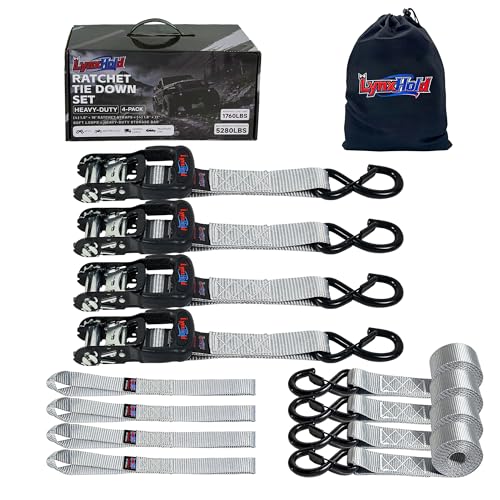 Ratchet Tie Down Straps, 5280lbs Break Strength, 1.6" x 8' Heavy Duty Ratchet Tie Down Strap Set with Padded Handles, Coated S Hook, Soft Loop for Trucks, ATV, UTV, Motorcycle, Cargo & More - Gray - color: Gray, size: 1.6IN x 8FT