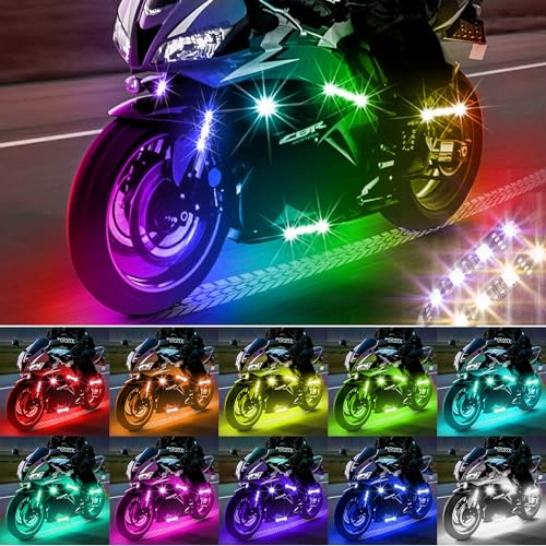 SUNPIE Motorcycle Underglow LED Light Kit 16 Pieces with Smart Brake & Turn Signal Sync 12V IP67 Waterproof RGB Neon Glow Enhanced Night Riding Safety for Harley Kawasaki Suzuki Indian All Motorcycles - color: RGB-16PCS Update