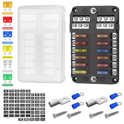 DaierTek 12 Way Fuse Block, 12 Volt Blade Fuse Block with LED Indicator 12 Circuit Fuse Box 12V ATO/ATC Marine Fuse Panel 24V with Waterproof Cover Fuse Terminals for Automotive Boat Car RV - size: 12 Way