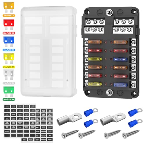 DaierTek 12 Way Fuse Block, 12 Volt Blade Fuse Block with LED Indicator 12 Circuit Fuse Box 12V ATO/ATC Marine Fuse Panel 24V with Waterproof Cover Fuse Terminals for Automotive Boat Car RV - size: 12 Way