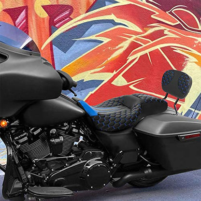 SLMOTO Rider Passenger Seat w/Sissy Bar Pad Fits For Harley Touring Road King Street Glide Electra Glide Road Glide Tri-Glide 14-23 Trike 10-11 CVO Custom 2-Up Motorcycle Seat One-Piece Driver Seat - color: Blue + Passenger Backrest PAD