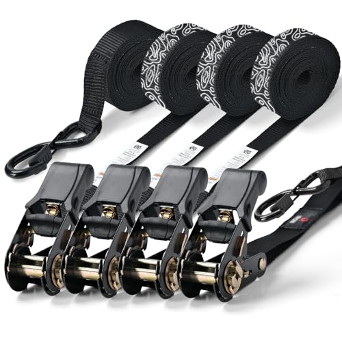 Ratchet Straps (4 PK) 15 Feet (1,823lb Break Strength) Heavy Duty Tie Down Strap with S Hook Black for Packing Motorcycle Truck Cargo
