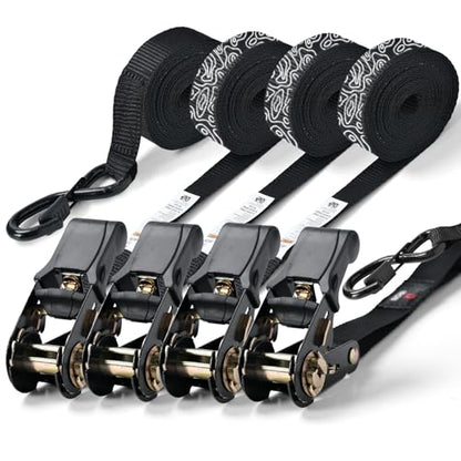 Ratchet Straps (4 PK) 15 Feet (1,823lb Break Strength) Heavy Duty Tie Down Strap with S Hook Black for Packing Motorcycle Truck Cargo