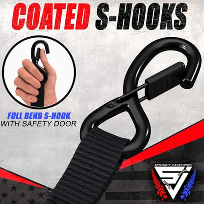 Ratchet Straps Tie Down Kit Incl. (4) Heavy Duty Rachet Tiedowns (1.6" x 8') with Coated S Hooks + (4) Soft Loop Tie-Downs (17") - 5,208 Total Break Strength by Straight Jacket Crew (Black) - color: Black, size: 1.6" x 8'