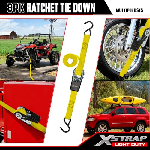 XSTRAP STANDARD 8-Pack Ratchet Tie Down Straps, 1" x 10ft, 900lb Break Strength Heavy Duty Straps for Motorcycles, ATVs, Lawn Equipment, Appliances & Truck Cargo - Yellow - color: Yellow
