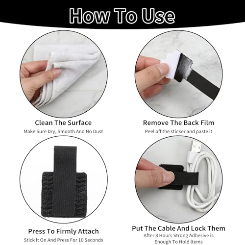 60PCS Hook and Loop Cable Straps, Self Adhesive Cable Clips, Reusable Hook and Loop Cables Ties for Cord Management, Adjustable Cables Organizers for Home & Office, Gray Black White