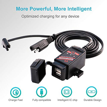 MOTOPOWER MP0608A 3.1Amp Motorcycle Dual USB Port SAE to USB Adapter Battery Monitor with Switch Control and LED Indicator