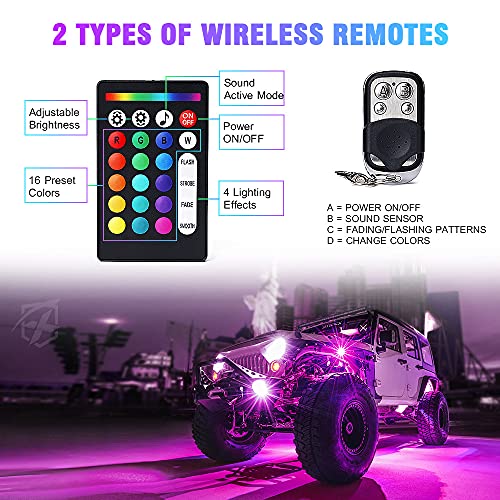 Xprite 8 Pods Rock Lights Wide Angle Bluetooth RGB Rocklights, Multicolor Neon Lighting Footwell Underglow Kits w/Wireless Remote, Compatible Jeep UTV ATV SUV RZR Off-Road Trucks Cars Boats - color: Wide Housing, size: 8 Pods