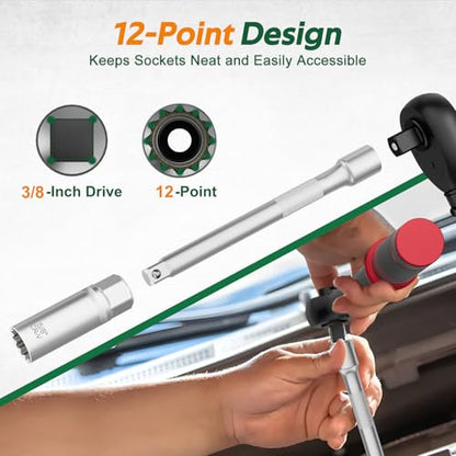3/8 Inch Drive Spark Plug Socket Set, 12 Point, 11Pcs SAE & Metric Sizes 14mm, 16mm, 18mm, 9/16”, 5/8”, 13/16”, Magnetic Spark Plug Removal Tool with Extension Bar for Cars and Motorcycles - size: 11Pcs