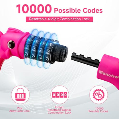 Bike Lock, 3.9 Feet 4-Digit Resettable Combination Password Anti-Theft Cable Lock, Cute Coiled Bike Lock with Mounting Bracket, Suitable for Bicycles, Electric Scooters, Ebikes (Pink-10mm) - color: Pink-10mm