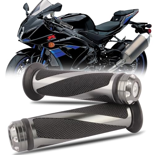 Pair of 7/8" 22mm Motorcycle CNC Aluminum Rubber Gel Hand Grips Handlebar for Sports Bike Chopper Cruiser Bike - color: Titanium with Bar End