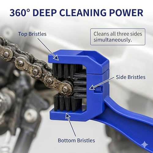Motorcycle Bicycle Chain Cleaning Brush, Blue, 360° Deep Cleaning Power, Cleans All Three Sides Simultaneously