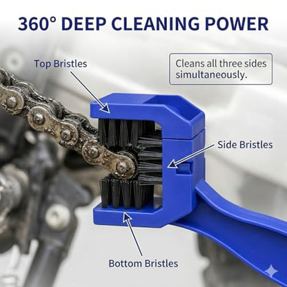 Motorcycle Bicycle Chain Cleaning Brush, Blue, 360° Deep Cleaning Power, Cleans All Three Sides Simultaneously
