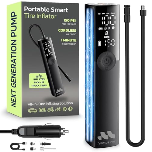 Ventus Pro Tire Inflator Portable Air Compressor, 3X Faster, 150PSI Air Pump for Car Tires, Tire Pump, with 12V DC Cord for Trucks & Off-Road Tires, Auto Shut Off-by Woowind - color: Ventus pro