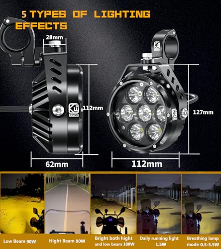 Kewig 4.5 Inch Motorcycle Auxiliary LED Fog Light 90W Amber White Driving Spotlight Kit With Mount Brackets Wire Harness Waterproof Offroad Fit for Motorcycle Jeep Car Truck
