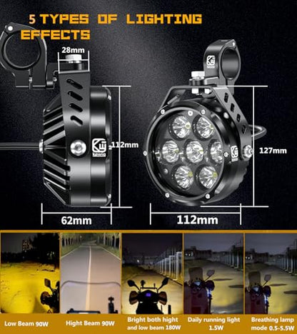 Kewig 4.5 Inch Motorcycle Auxiliary LED Fog Light 90W Amber White Driving Spotlight Kit With Mount Brackets Wire Harness Waterproof Offroad Fit for Motorcycle Jeep Car Truck