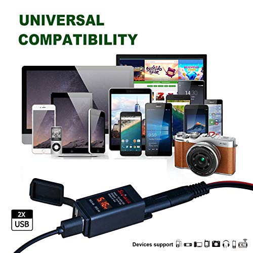 Suuwer 5V 4.8A Dual USB Motorcycle Charger - Quick Disconnect SAE Adapter with LED Voltmeter & ON/Off Switch