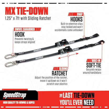 SpeedStrap Motorcycle Tie-Downs with Adjustable Sliding Ratchet (2-Pack) 1.25 Inch x 7 Feet (3,000lb MRC) - Moto Tie Down Straps with Swivel Carabiner, Built-in Soft Ties & Safety S-Hooks - Black | Adjustable Sliding Ratchet, Swivel Carabiner, Built-In So