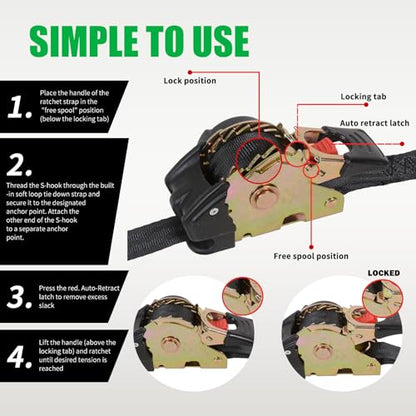 MOTO4U Auto Retractable Ratchet Straps 4-Pack | 1” x 10ft (1500lb Break Strength) | Heavy Duty Motorcycle Tie Downs Straps with Integrated Soft Loops for Truck, Trailer, Motorcycle - color: 4 Pack