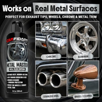 Metal Polish Kit with Applicator Pad – Restores Shine & Removes Oxidation on Chrome, Aluminum & Stainless Steel – Carnauba + Ceramic Protection – Metal Cleaner & Polish – 8.4 oz