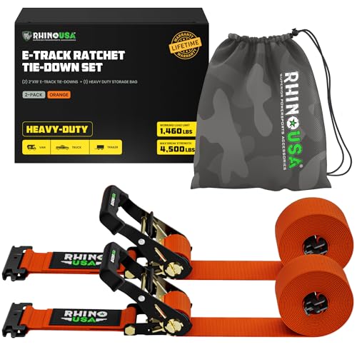 Rhino USA E Track Ratchet Tie Down Straps (4,500lb Break Strength) - Includes (2) Premium 2" x 16' eTrack Tie Downs - Ultimate Heavy Duty eTrack Cargo Strap System for Trailer, Truck, Motorcycle - color: Orange, size: 2PK