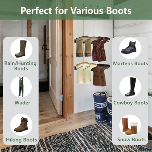 4 Pair Boot Rack Organizer Tall Boots for Wall Mounted - Wader Hangers for Drying Fishing Rain Hiking Tall Cowboy Boots - Boot Hanger Holder for Indoor Outdoor Entryway Garage Mudroom Closet