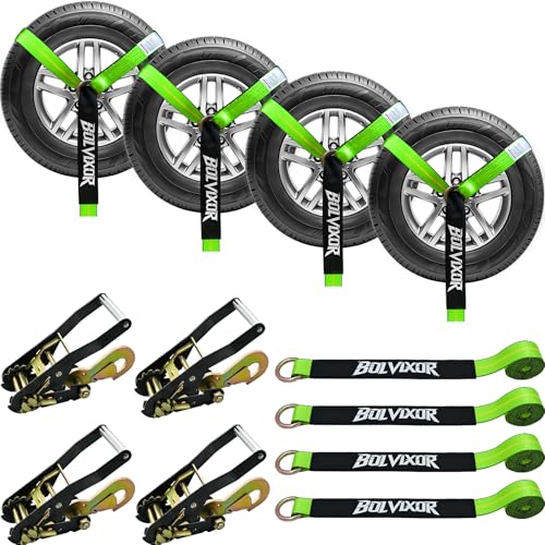 4 Pack Car Tie Down Straps for Trailers - 2" x 96" - 9900LBS Break Strength - Tire Ratchet Strap with Snap Hooks - Adjustable Wheel Straps for Hauling UTV, SUV, Truck, Any Cars - color: Green