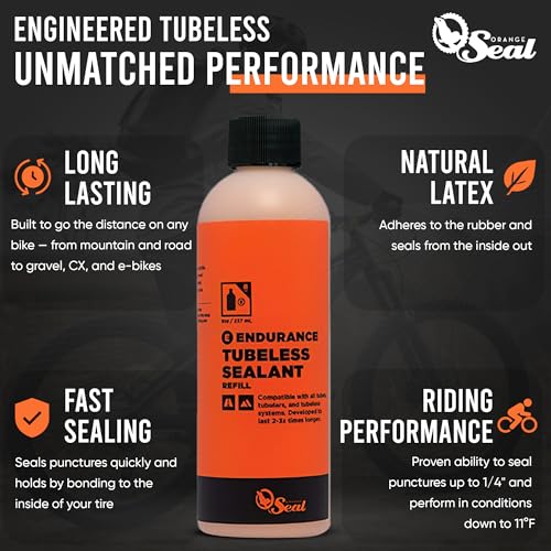 Orange Seal - Endurance Formula Tubeless Bike Tire Sealant | Long Lasting, Fast Sealing | for MTB, Road, CX and Gravel Bicycle Tires - style: 8oz Refill