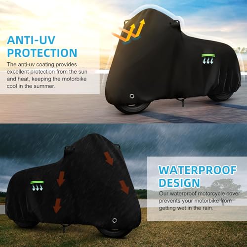Motorcycle Cover Waterproof for Kawasaki KLR 650/R 1250 GS/Honda Africa Twin/V-Strom 1050XT, Heavy Duty Outdoor Sun UV Rain Dust All Weather Motorbike Cover with Soft Cotton Lining & Lock Hole-Balck - size: KLR 650