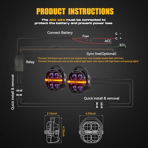 Future Eyes Motorcycle Driving Lights – 180W LED Fog Lights with Amber & White Beams, Waterproof Auxiliary Spotlights with DRL, Strobe, Signal, for Night Riding Off-Road UTV ATV