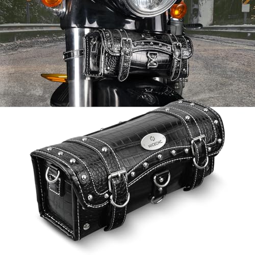 NICECNC Motorcycle Fork Bag Handlebar Bag Crocodile Skin Texture PU Leather, Universal Motorcycle Tool Storage Bag Sissy Bar Side Tail Frame Bag - color: Black-Crocodile Pattern