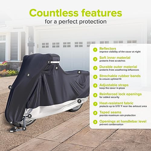 VELMIA Motorcycle Cover - Extremely Heat Resistant up to 550F, Waterproof for All Seasons, Fits Motorcycles, Scooters, Mopeds & Harleys - size: [L] 91 x 39 x 49 in