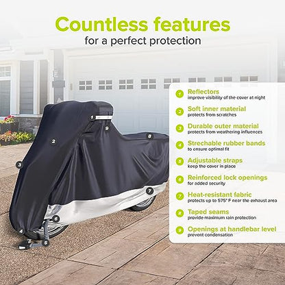 VELMIA Motorcycle Cover - Extremely Heat Resistant up to 550F, Waterproof for All Seasons, Fits Motorcycles, Scooters, Mopeds & Harleys - size: [L] 91 x 39 x 49 in