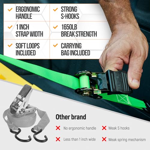 FORTEM Ratchet Straps, Tie Down Strap Set 1650lb Break Strength, 4 Pack 15ft x 1in, 4 Soft Loops, Moving Straps Tie Downs, Cargo Cam Buckles for Trucks, Carry Bag, for Men - color: Green