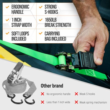 FORTEM Ratchet Straps, Tie Down Strap Set 1650lb Break Strength, 4 Pack 15ft x 1in, 4 Soft Loops, Moving Straps Tie Downs, Cargo Cam Buckles for Trucks, Carry Bag, for Men - color: Green