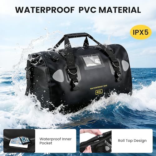 HOMIEE 40L Waterproof Duffel Bag, Waterproof Motorcycle Dry Travel Bag Tail Bag with Roll Top Closure & Shoulder Straps Outer Mesh Zipper Pocket for Camping, Kayaking, Fishing & Traveling - color: Black
