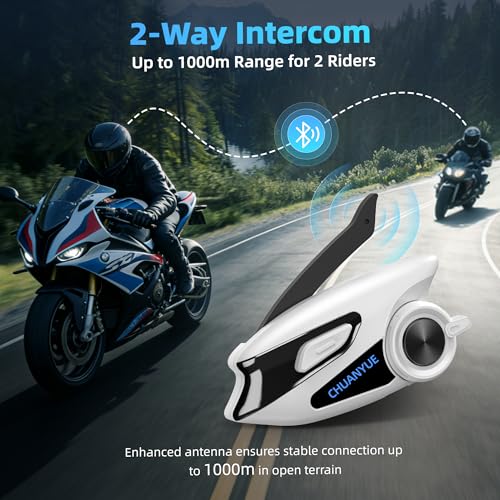 Motorcycle Bluetooth Headset with 43mm Helmet Speakers, 2-Way Helmet Intercom Communication System with Noise Cancellation, Music Sharing, FM, IP67 Waterproof (White,1-Pack) - color: White