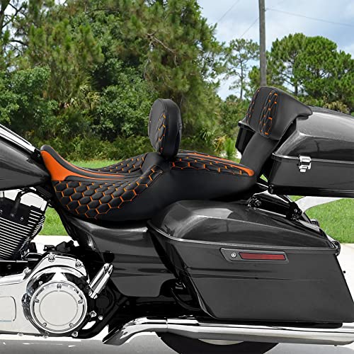 C.C. RIDER Low Profile Touring Seat - Driver Rider Passenger Seat For Harley Davidson Touring Road King Street Glide Road Glide Electra Glide CVO 2014-2023 - color: Black Orange Rider Seat + Sissy Bar