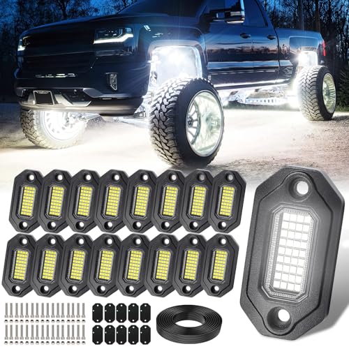 16 Pods Aluminium Pure White LED Rock Lights, 6500K Super Bright Neon Underglow Lights, IP68 Waterproof for Trucks SUV UTV ATV RZR Car Boats Motorcycle with 15ft Extension Wire - size: 16 Pods
