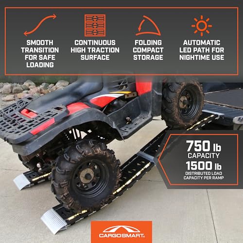 CargoSmart LED Hybrid S-Curve Centerfold Loading Ramp, 1 Pack — 1,500lb Per Pair Capacity, 12” W x 90” L — Aluminum Ramp with Built-in LED Lights, Load/Unload Lawn Equipment, Motorcycles, ATVs & More - style: 1 Folding S-Curve Ramp & LED Lights