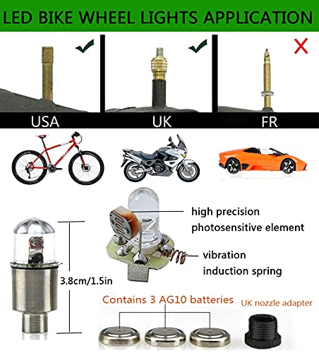 LED Tire Lights for Car 4 Pack Trucks Valve Stem Caps Bike Golf Cart Firefly Wheel Light Bicycle Motorcycle Tyre Spoke Lamp Waterproof for Kids Boys with 10 Extra Batteries(Red) - color: Red