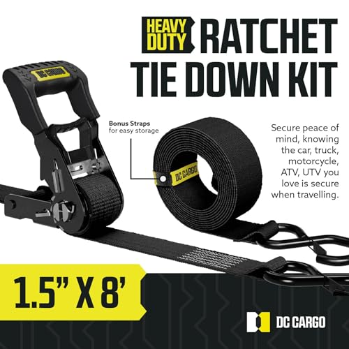 DC Cargo Mall Ratchet Straps Tie Downs 4 Pack (5,000 LB Break Strength) 1.5" x 8 Feet Tie Down Straps with Safety Lock S Hooks for Cargo, Trucks, Appliances, Moving - size: 1.5" x 8'