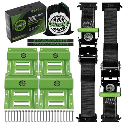 Heavy Duty Wheel Chock Tie Down Straps Set (2PK) - 4,400lb Guaranteed Max Break Strength, (2) 2" x 8' Trailer Tire Straps with (4) Wheel Chocks for ATV, UTV or Tractors - style: 2PK - Black