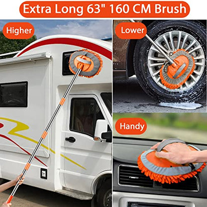 WillingHeart 63" Car Wash Mop Brush Tool Mitt with Long Handle Length More Suitable for Washing American Cars Truck, SUV, RV, Trailer, 2 in 1 Chenille Microfiber Duster Not Hurt Paint Scratch Free - color: Orange