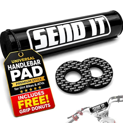 SEND IT Handlebar Pad with FREE GRIP DONUTS - Universal Fit for Dirt Bikes and ATVs Crossbar by ThrottlePak (BLACK, PIT BIKE) - color: Pit Bike