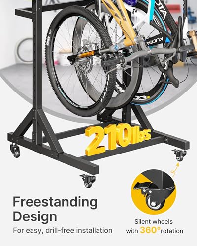 monTEK Freestanding Bike Storage Rack for 3 Bikes, Heavy Duty 210LBS Vertical Bike Stand with 3 Bike Hooks & 4 Helmet Hooks, Indoor and Outdoor Bike Storage Rack with Locking Casters - size: 3 Bike Rack