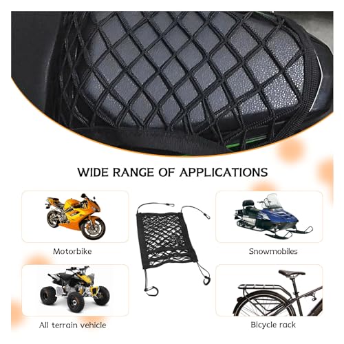 Motorcycle Cargo Net for Helmet Storage, 9.4''×10.6'' High Elastic Triple Layer Bungee Net with 4 Hooks, Car Seat Mesh Storage Pocket, Luggage Strap Rack Expansion Organizer (4 Elastic Edges)