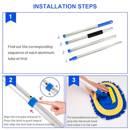 Ordenado 62" Car Wash Brush Kit Mitt Mop Sponge with Long Handle Chenille Microfiber Car Cleaning Brush Kit Supplies Car Washing Mop Kit Car Care Kit of Scratch-Free Replacement Head for Car RV Truck - color: B-blue