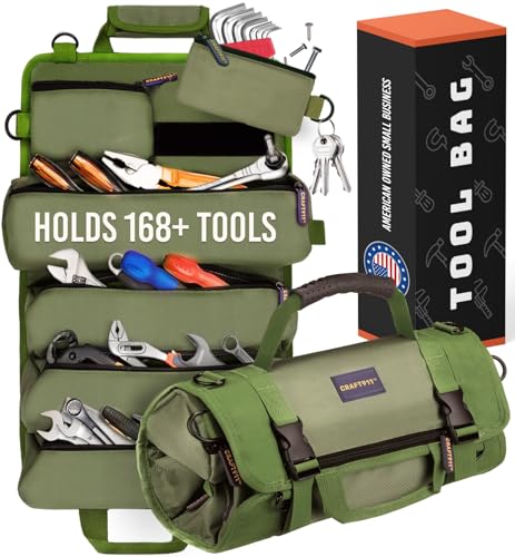CRAFT911 Durable Tool Bag Organizers w/Detachable 6 Tool Pouches – Small Roll Up Bag | Compact & Lightweight Roll Up Tool Bag Organizer for Electrician, Mechanic, Hobbyist – Gifts for Dad – Green - color: Green