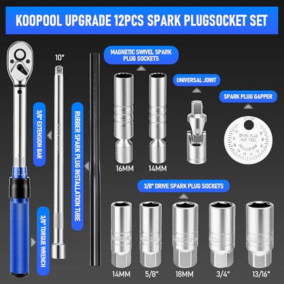 12pc Magnetic Spark Plug Socket Set with Installation Tube, 3/8" Click Torque Wrench, Spark Plug Gap Tool, Magnetic Swivel Sockets, U Joint and 10" Extension Bar（12pcs） - style: Pro Torque-Control Set
